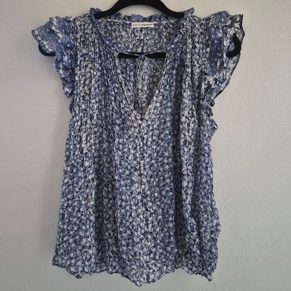 Ulla Johnson Doria Silk Metallic Top in Sky Floral Blue